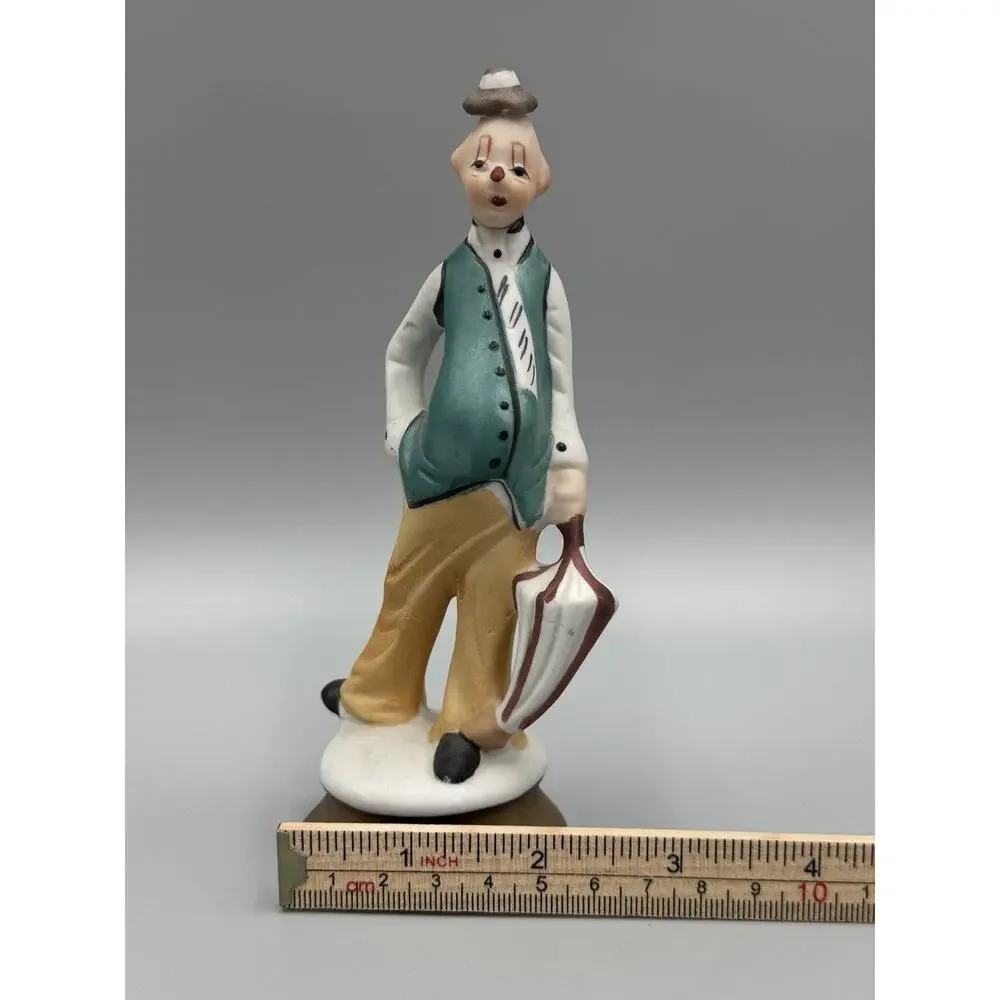 Vintage Frankel Hobo Clown with Teal Vest and Umbrella Figurine 6” Tall